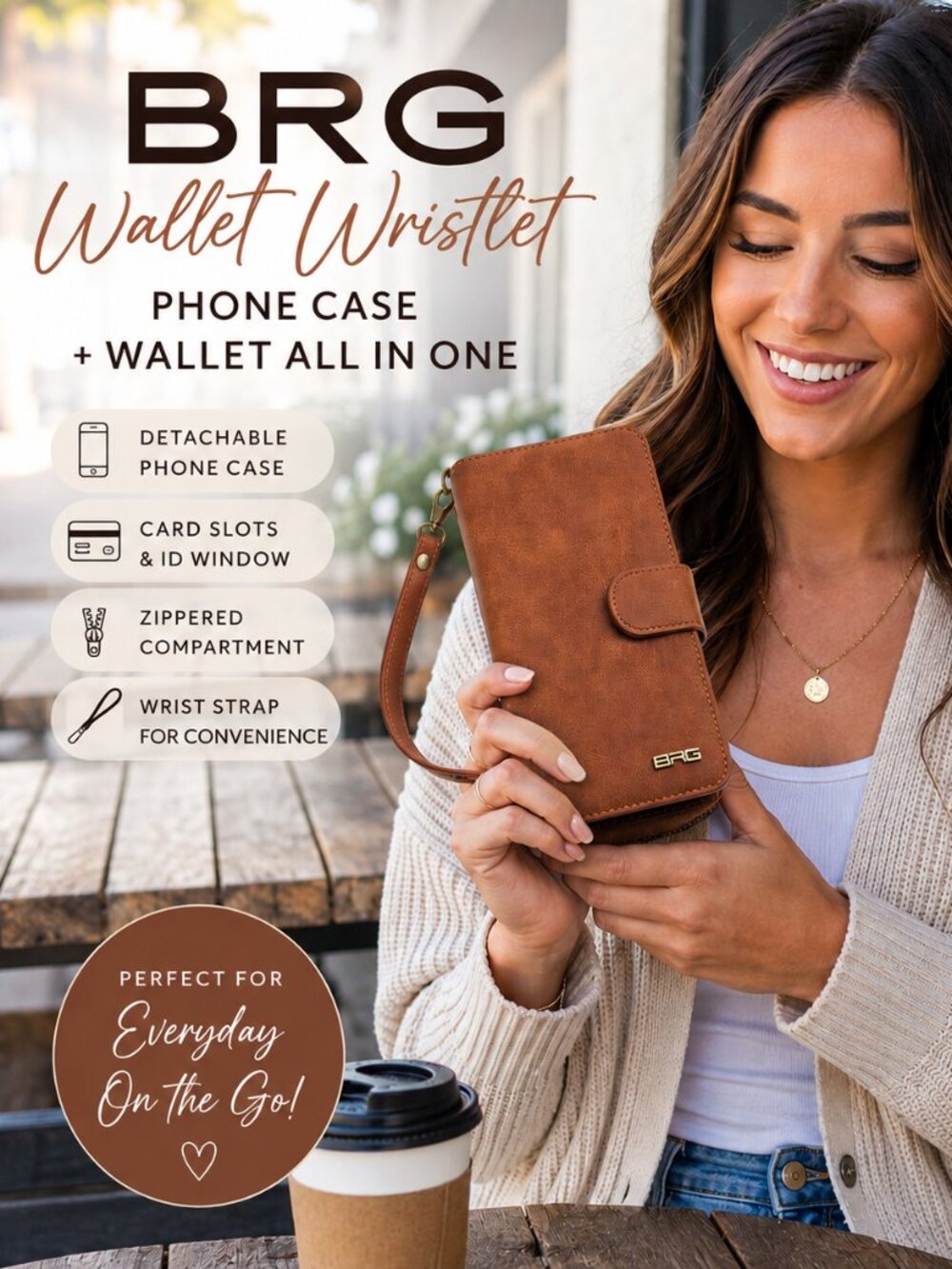 BRG Brown Faux Leather Cell Phone Wallet Wristlet – Detachable Phone Case